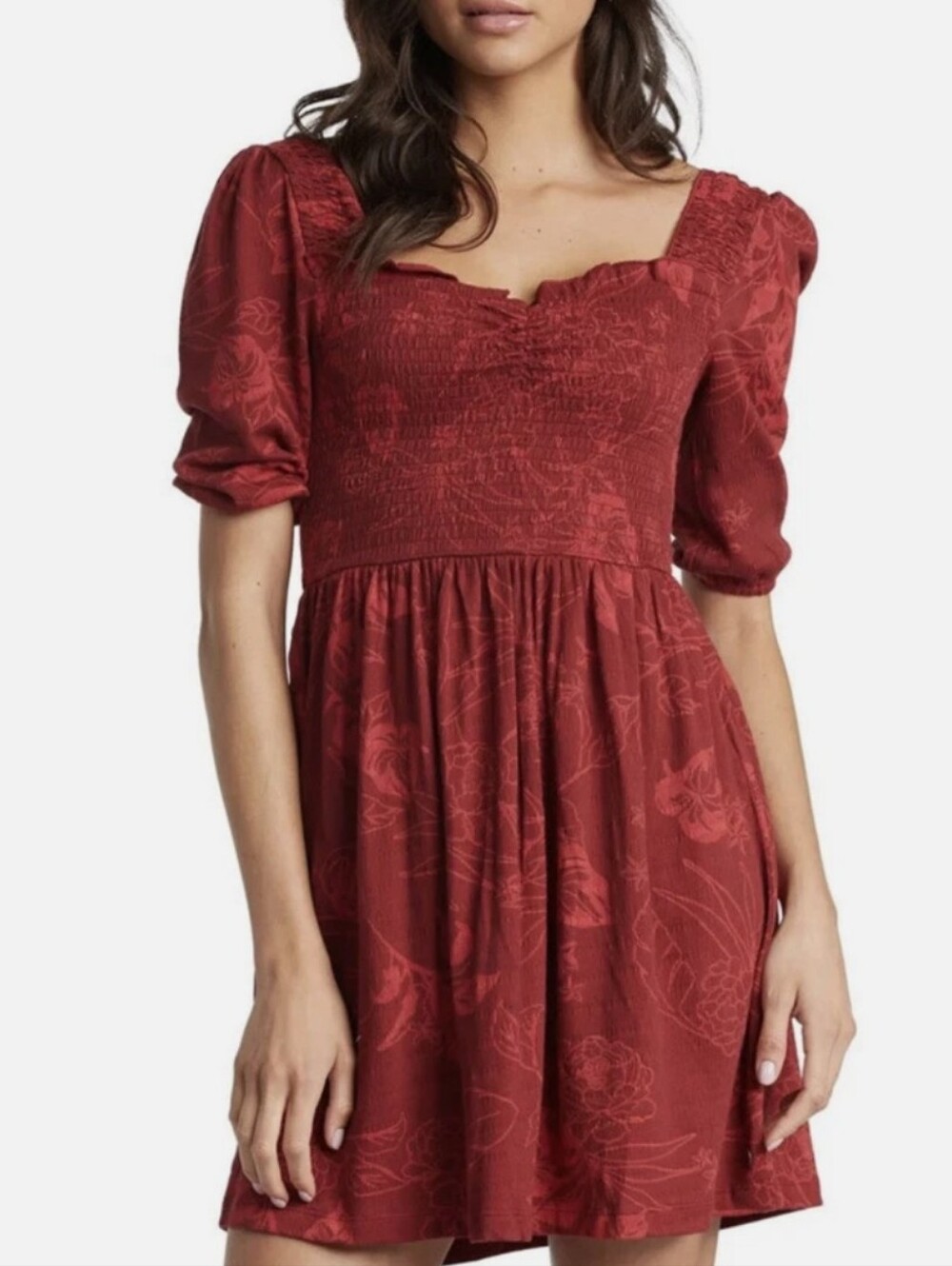 Roxy Women’s Rolling Sunsets, Red Floral, Smock Bodice Dress, Size Small